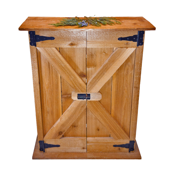 A rustic wooden cabinet with two doors featuring an X-brace design and black metal hardware, topped with a natural wood surface and a small greenery decoration.