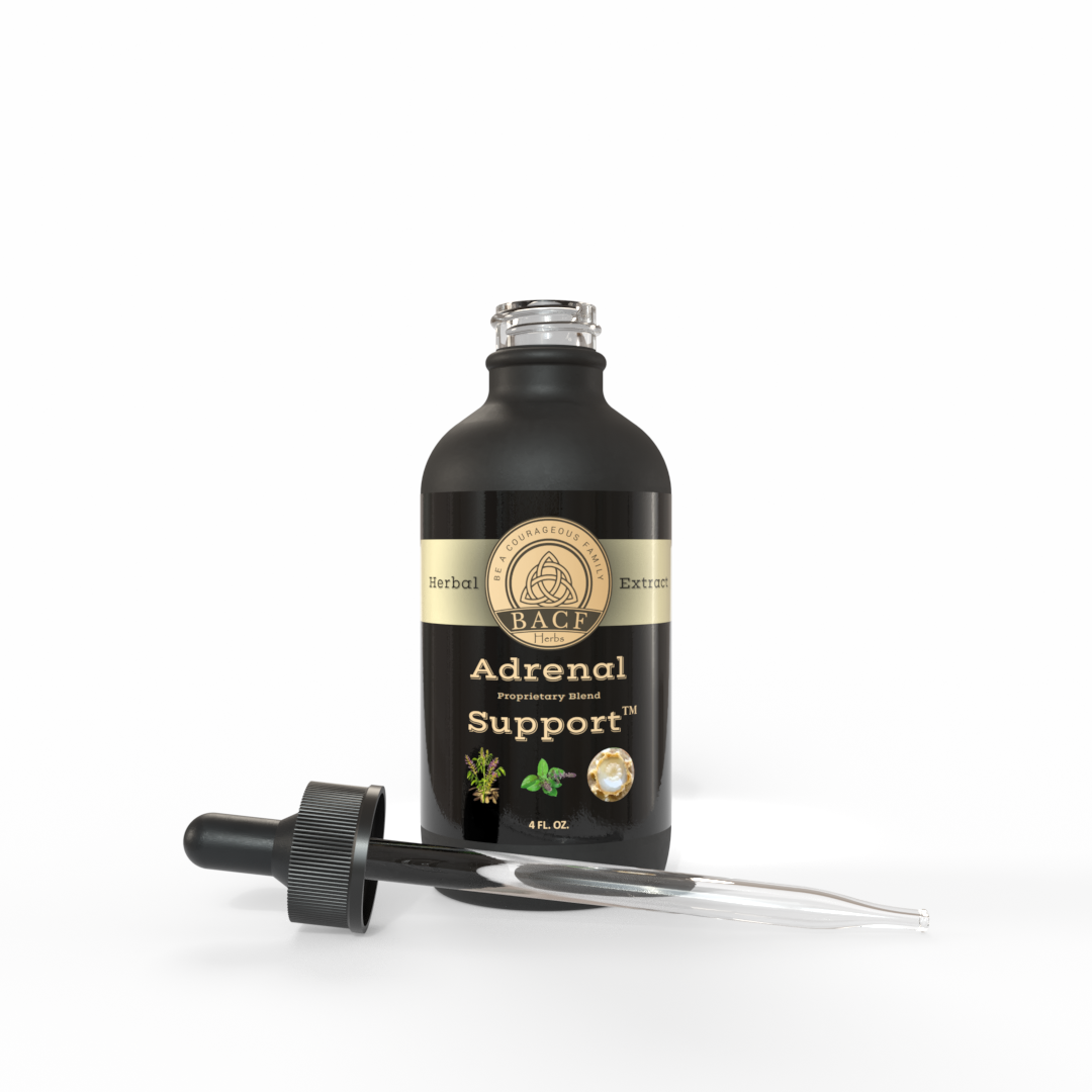 Black bottle of Adrenal Support™ by Be A Courageous Family on a white background