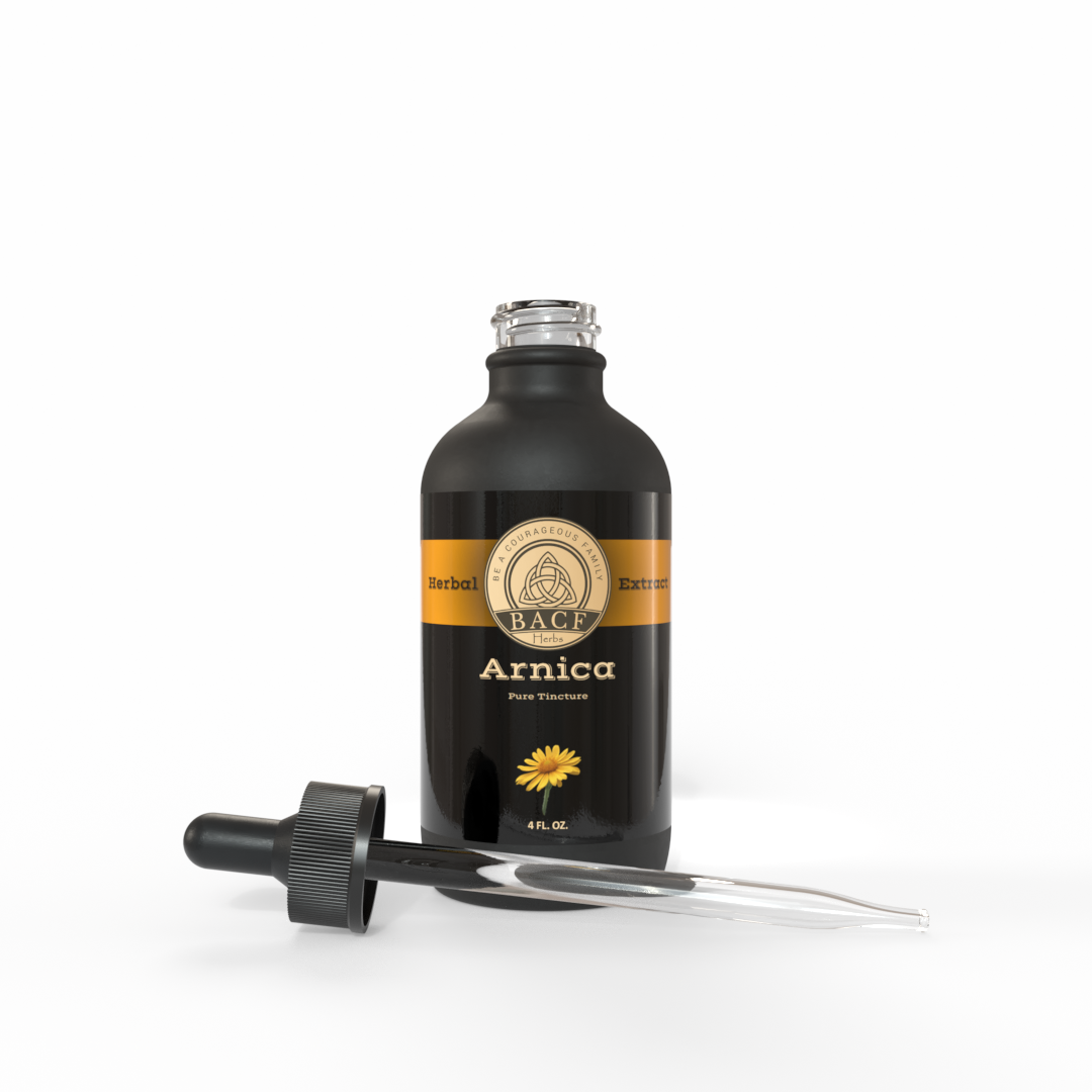 Black bottle of Arnica tincture with a apricot colored label on a white background. Made in the USA by Be A Courageous Family