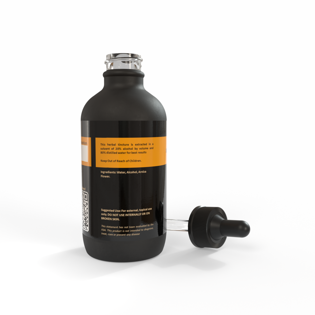 Black bottle of Arnica tincture with a apricot colored label on a white background. Made in the USA by Be A Courageous Family