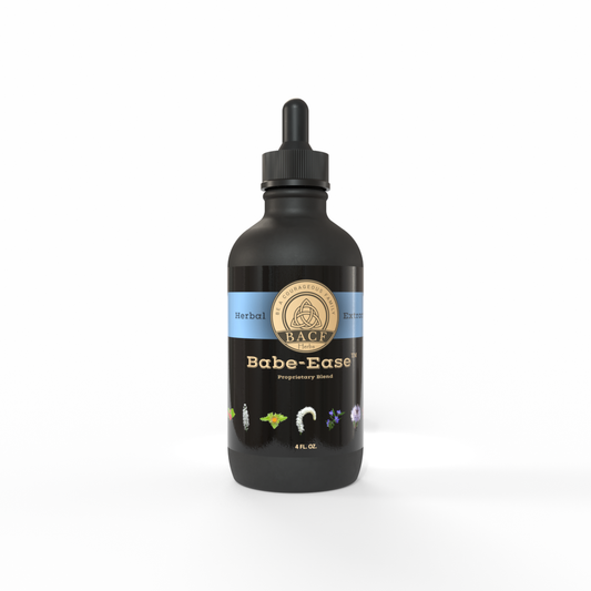 Black dropper-bottle of Babe-Ease™ Tincture with sky-blue label on a white background. Made in the USA by Be A Courageous Family