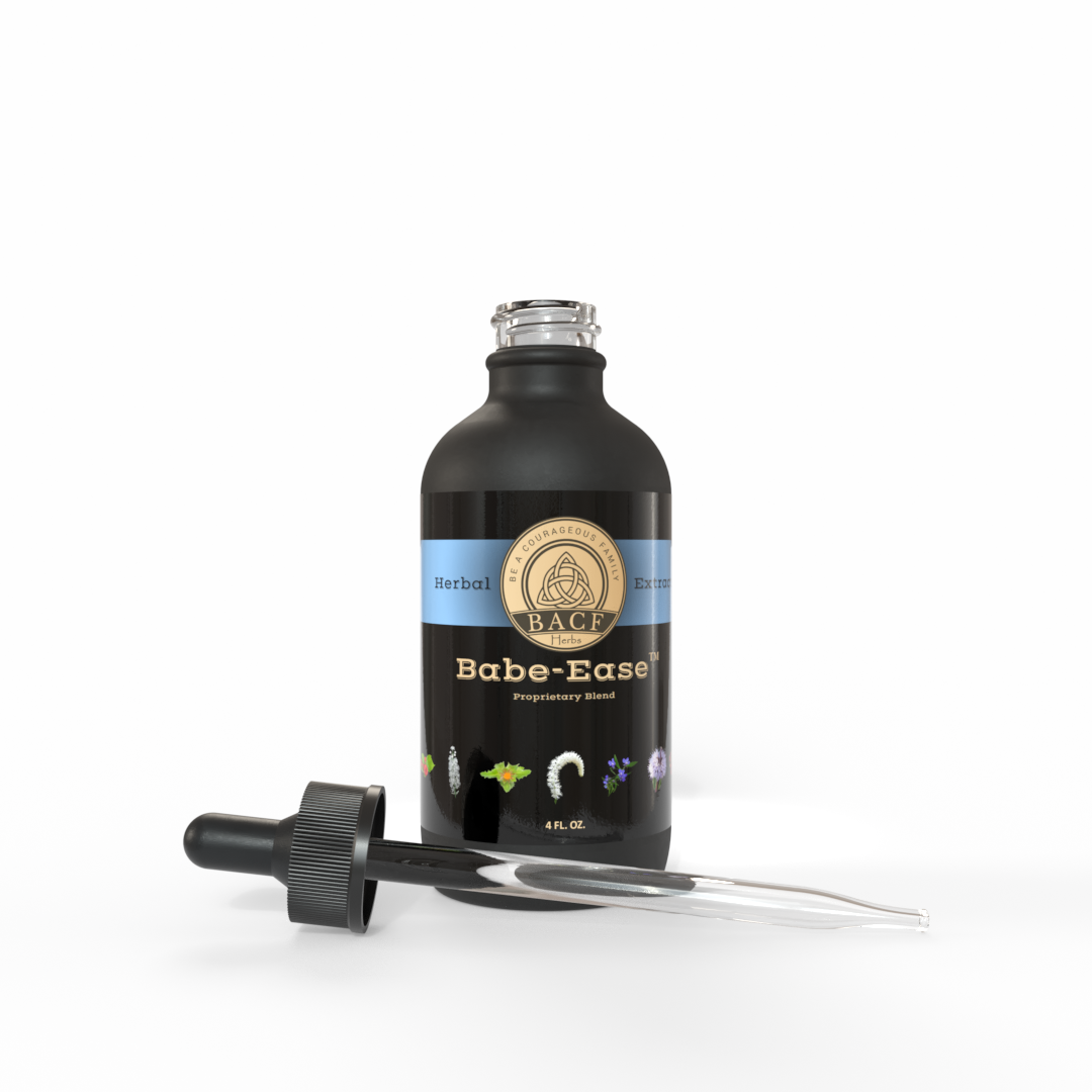 Black dropper-bottle of Babe-Ease™ Tincture with sky-blue label on a white background. Made in the USA by Be A Courageous Family