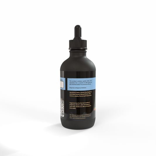 Black dropper-bottle of Babe-Ease™ Tincture with sky-blue label on a white background. Made in the USA by Be A Courageous Family