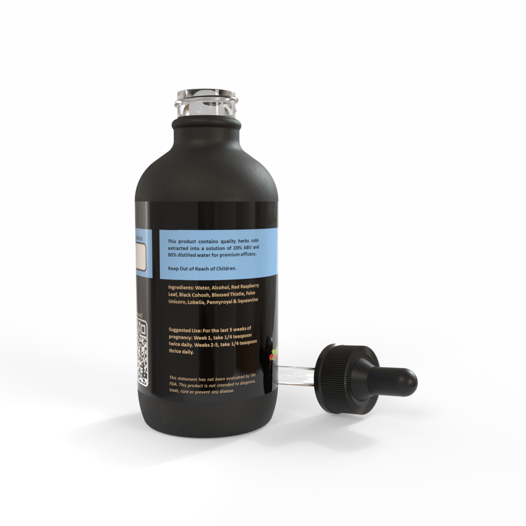 Black dropper-bottle of Babe-Ease™ Tincture with sky-blue label on a white background. Made in the USA by Be A Courageous Family