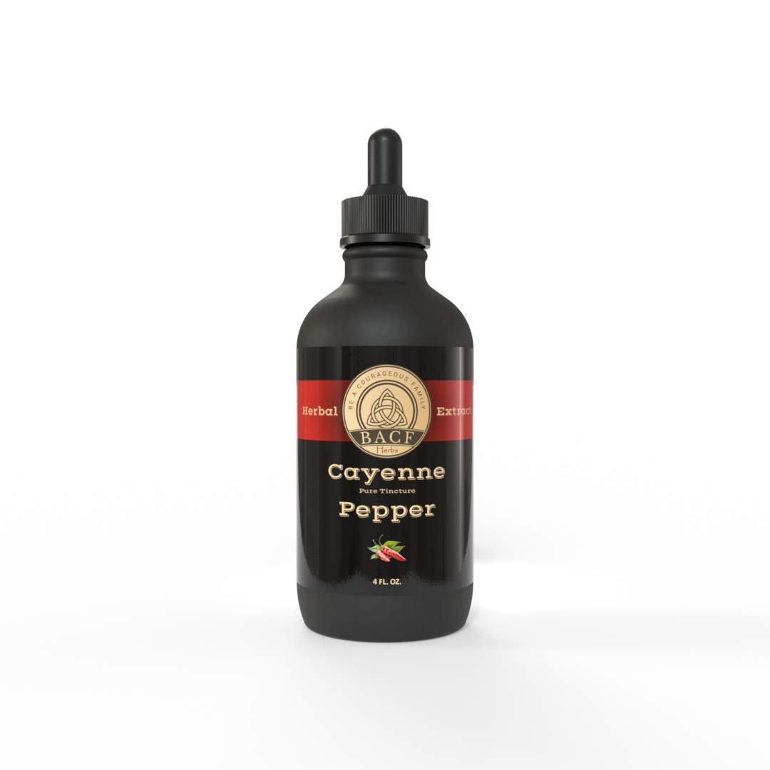 Black bottle of Cayenne tincture with a beautifully bright red label on a white background. Made in the USA by Be A Courageous Family