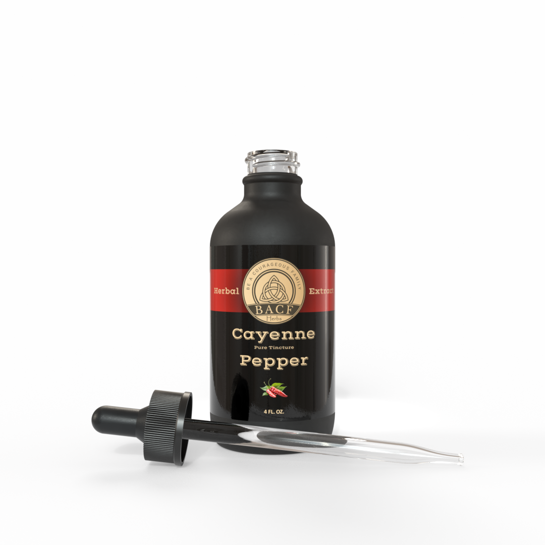 Black bottle of Cayenne tincture with a beautifully bright red label on a white background. Made in the USA by Be A Courageous Family