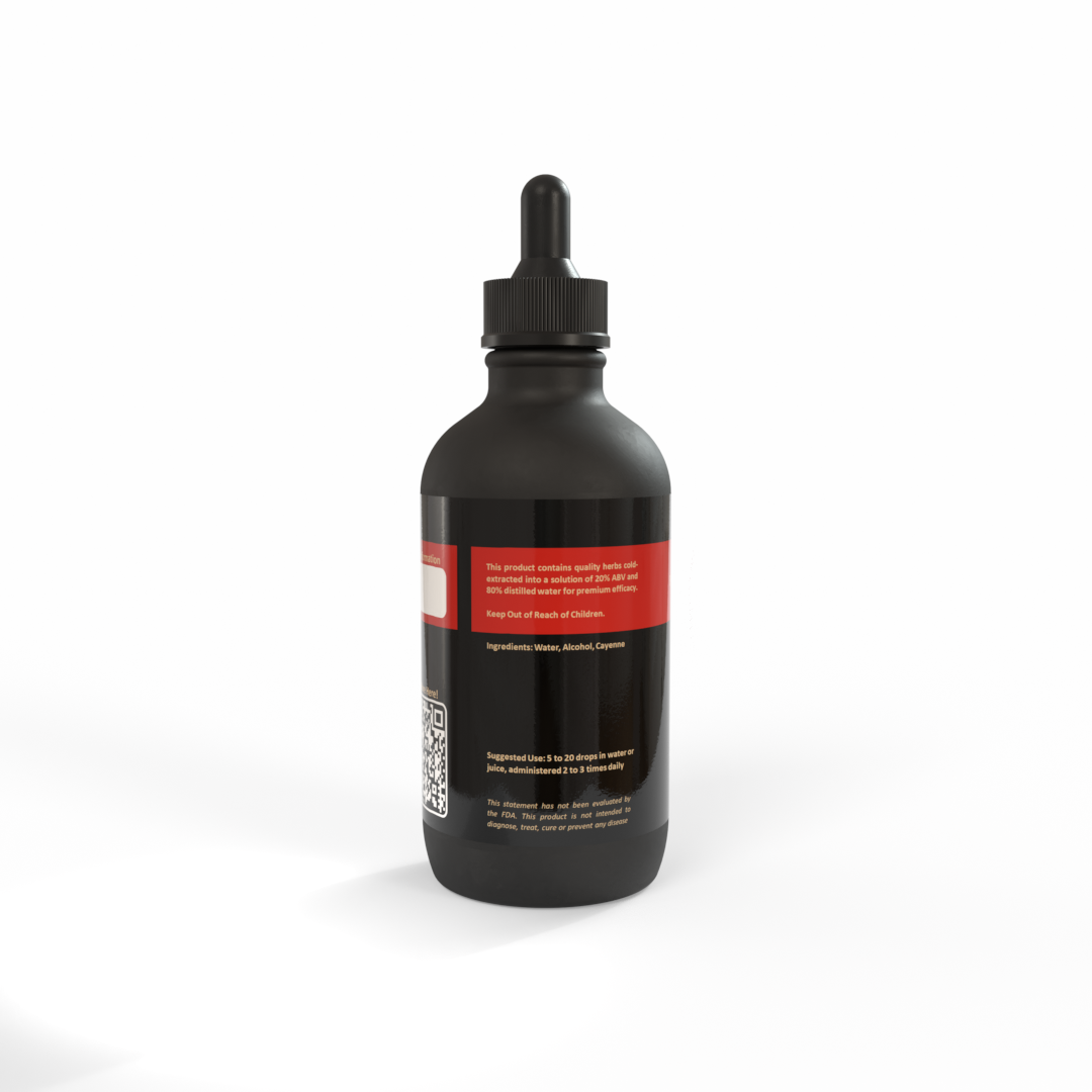 Black bottle of Cayenne tincture with a beautifully bright red label on a white background. Made in the USA by Be A Courageous Family