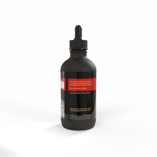 Black bottle of Cayenne tincture with a beautifully bright red label on a white background. Made in the USA by Be A Courageous Family