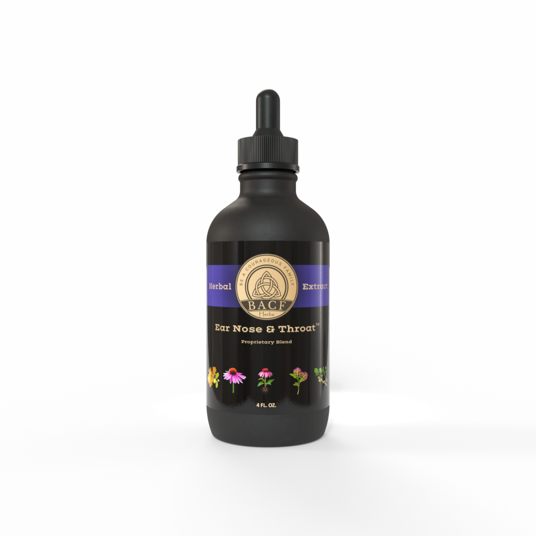 Black dropper bottle of Ear Nose & Throat Tincture with a beautiful Purple-Gold and colorful label on a white background - Made in the USA by Be A Courageous Family