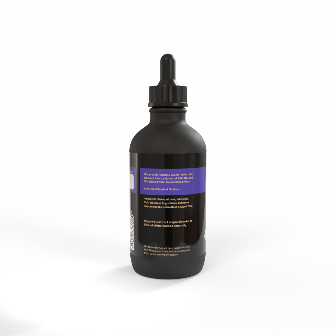 Black dropper bottle of Ear Nose & Throat Tincture with a beautiful Purple-Gold and colorful label on a white background - Made in the USA by Be A Courageous Family