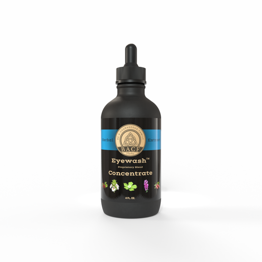 Black dropper-bottle of Eyewash™ Tincture with aqua-blue label on a white background. Made in the USA by Be A Courageous Family