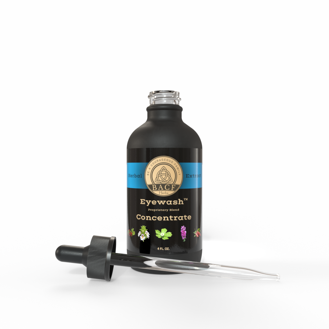 Black dropper-bottle of Eyewash™ Tincture with aqua-blue label on a white background. Made in the USA by Be A Courageous Family