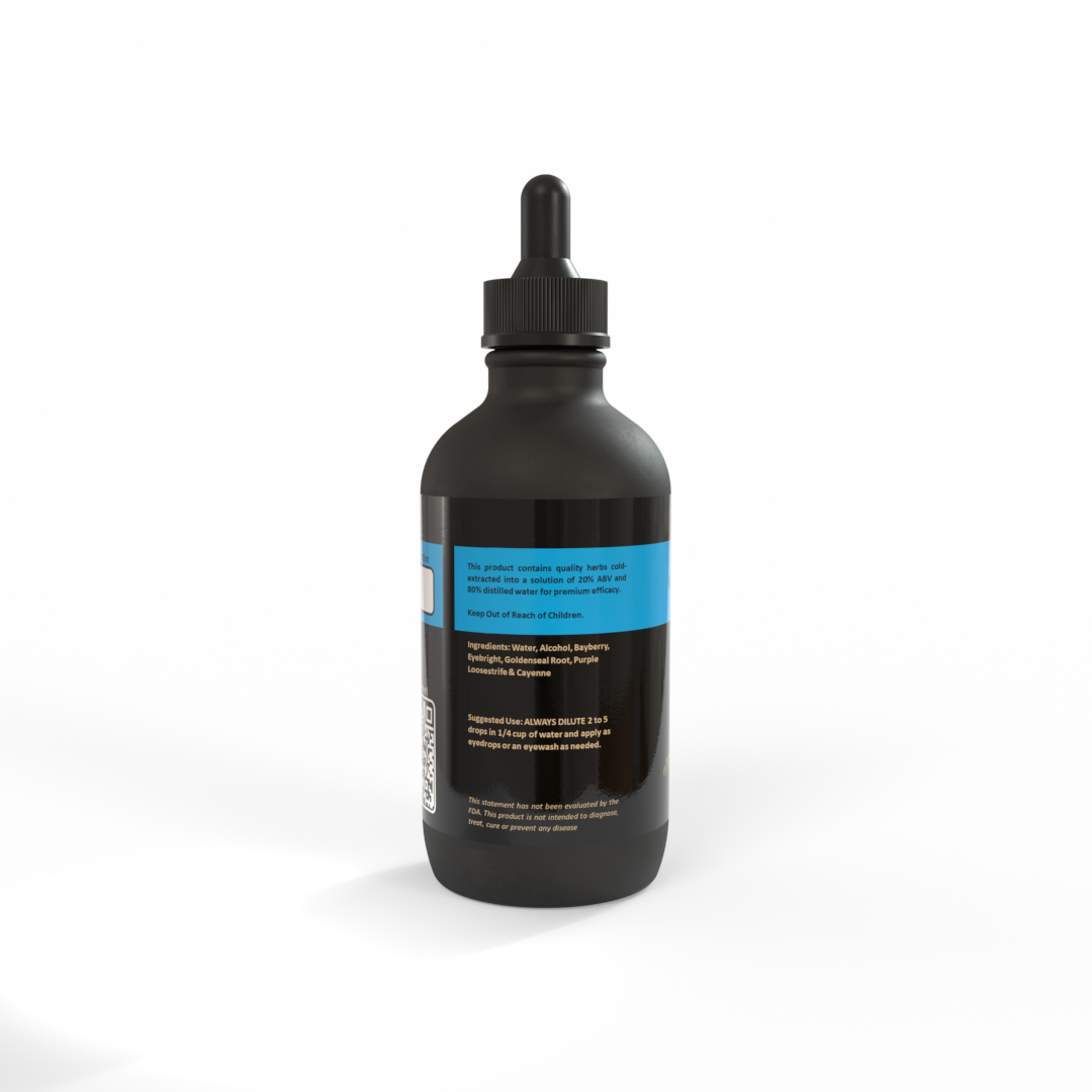 Black dropper-bottle of Eyewash™ Tincture with aqua-blue label on a white background. Made in the USA by Be A Courageous Family