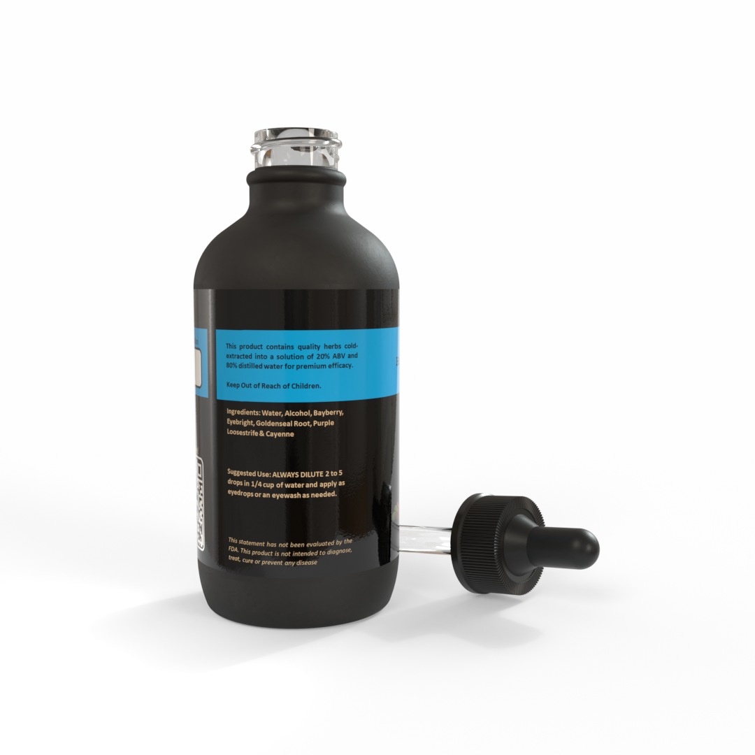 Black dropper-bottle of Eyewash™ Tincture with aqua-blue label on a white background. Made in the USA by Be A Courageous Family