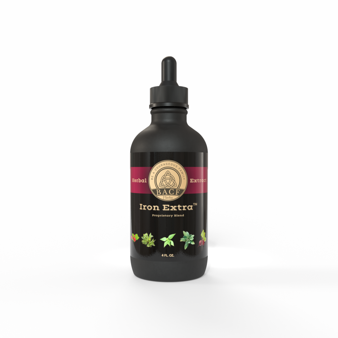 Black bottle of Iron Extra™ tincture with a beautifully deep red label on a white background. Made in the USA by Be A Courageous Family