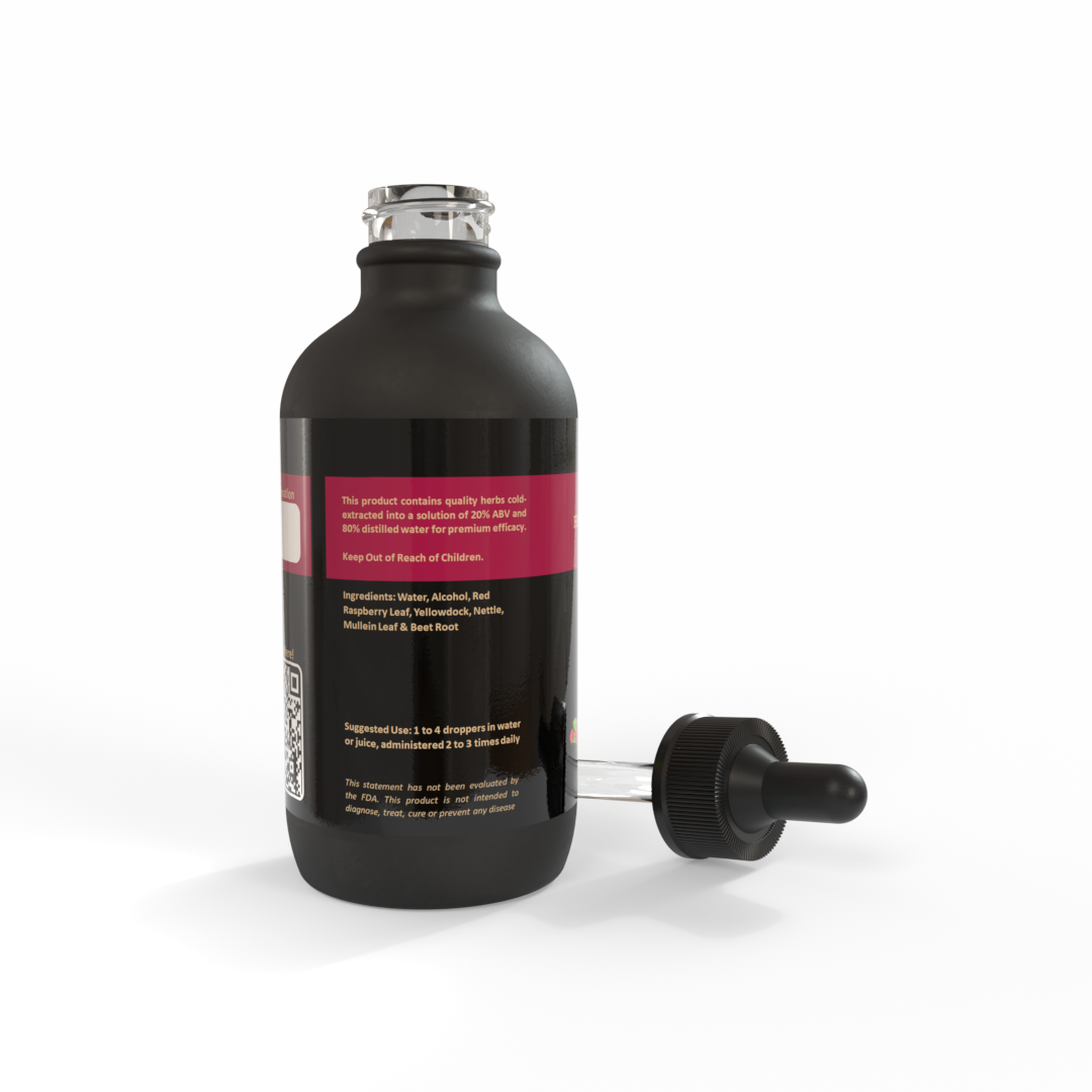 Black bottle of Iron Extra™ tincture with a beautifully deep red label on a white background. Made in the USA by Be A Courageous Family