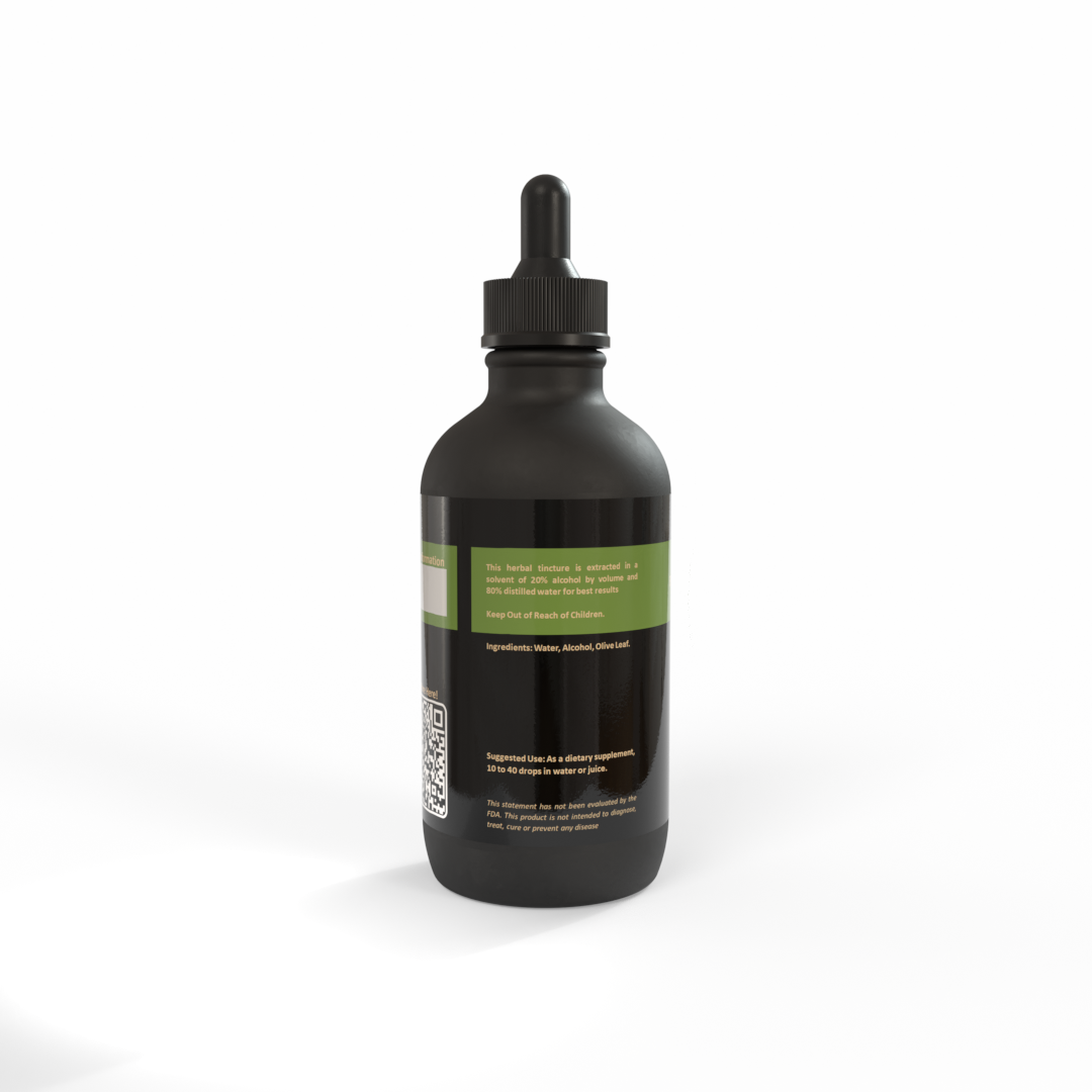 Black bottle of Olive Leaf Tincture made by Be A Courageous Family on a white background