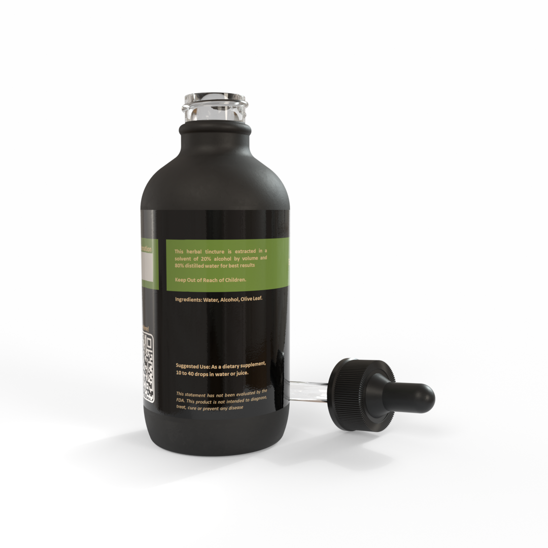 Black bottle of Olive Leaf Tincture made by Be A Courageous Family on a white background