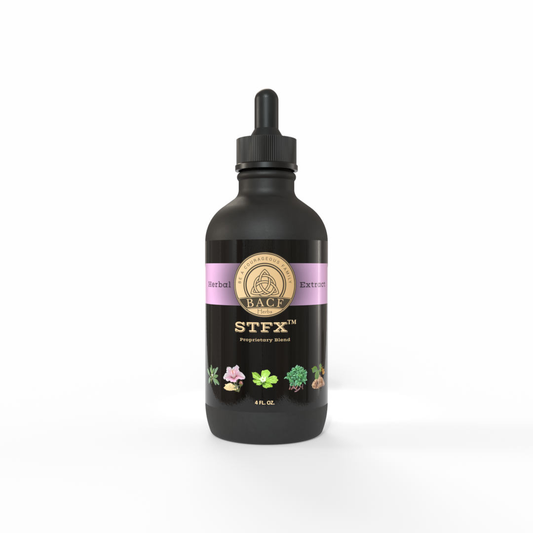 Black bottle of STFX™ tincture with light pink label on white background. Made in the USA by Be A Courageous Family