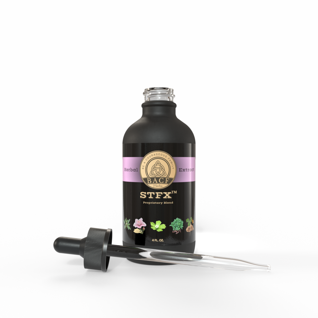 Black bottle of STFX™ tincture with light pink label on white background. Made in the USA by Be A Courageous Family
