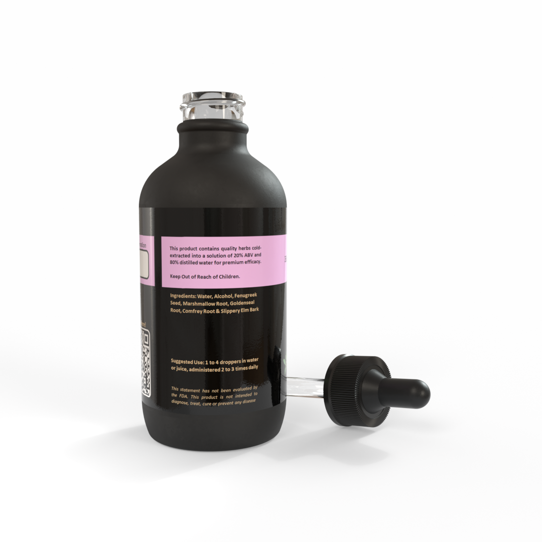 Black bottle of STFX™ tincture with light pink label on white background. Made in the USA by Be A Courageous Family