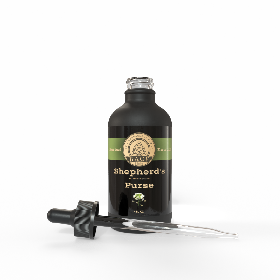 Black bottle of Shepherd's Purse tincture with a softly olive-green label on a white background. Made in the USA by Be A Courageous Family
