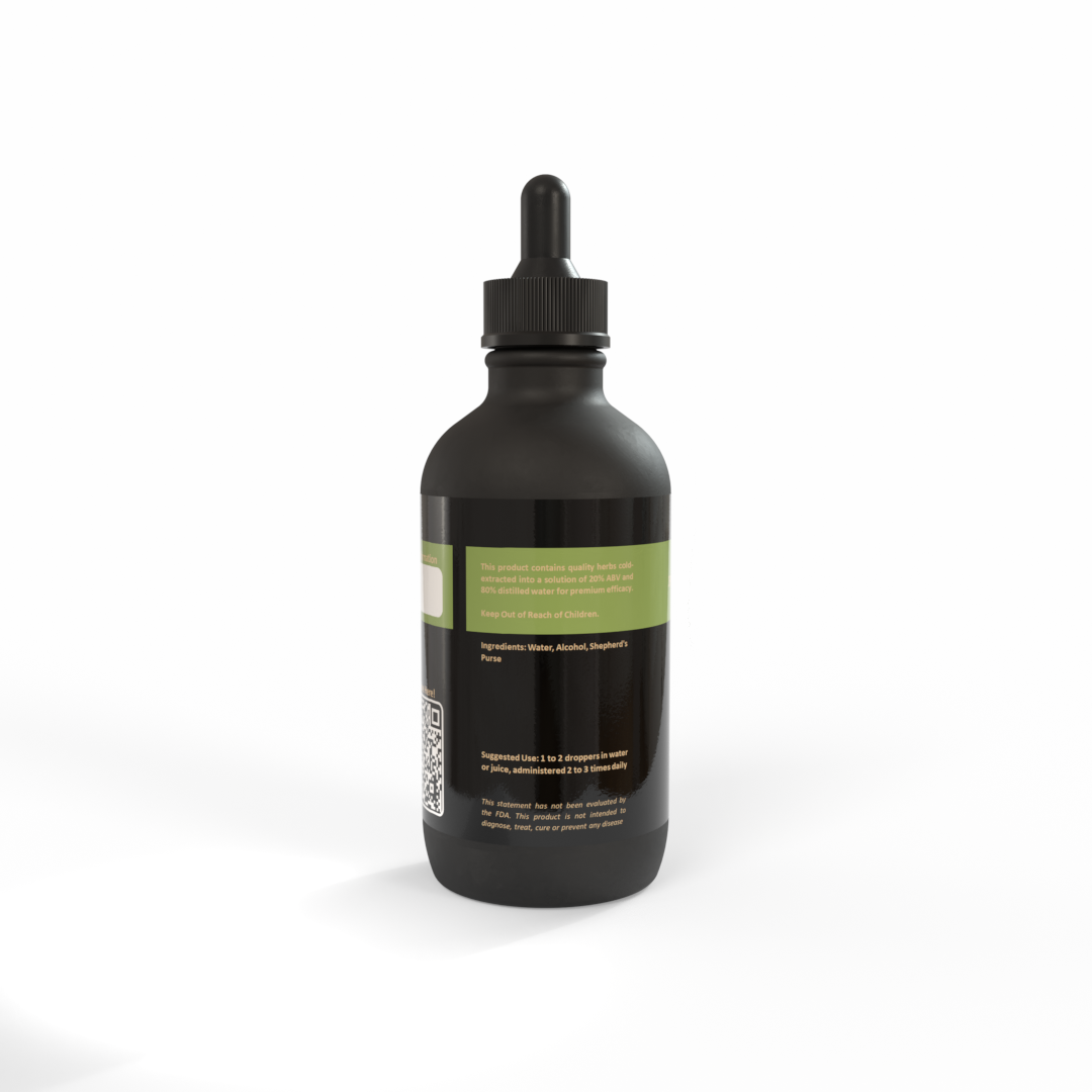 Black bottle of Shepherd's Purse tincture with a softly olive-green label on a white background. Made in the USA by Be A Courageous Family