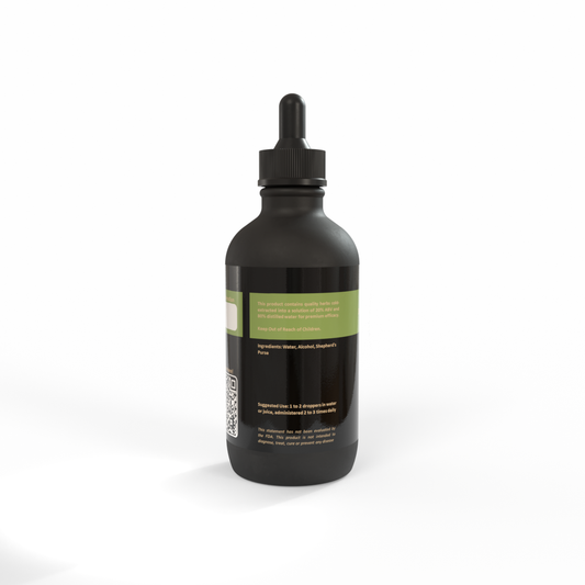 Black bottle of Shepherd's Purse tincture with a softly olive-green label on a white background. Made in the USA by Be A Courageous Family