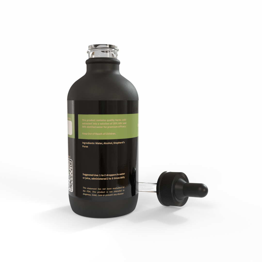 Black bottle of Shepherd's Purse tincture with a softly olive-green label on a white background. Made in the USA by Be A Courageous Family