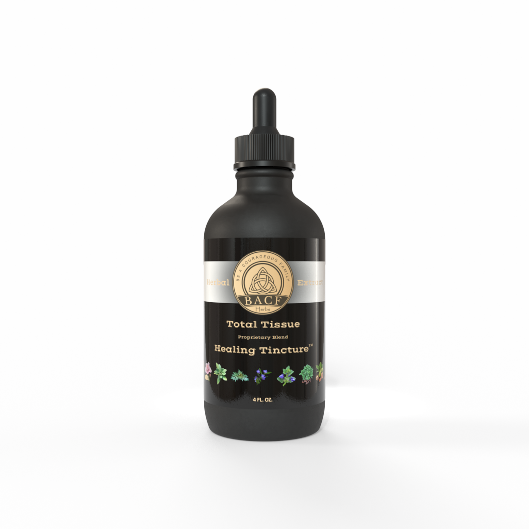 Black dropper bottle of Total Tissue Healing Tincture with a beautiful white-gold and colorful label on a white background - Made in the USA by Be A Courageous Family