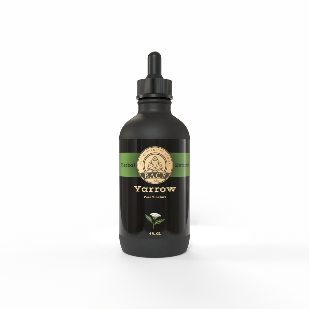 Black bottle of Yarrow tincture by Be A Courageous Family on a white background