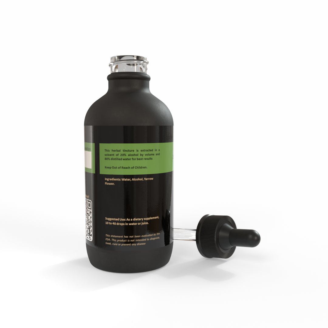 Black bottle of Yarrow tincture by Be A Courageous Family on a white background