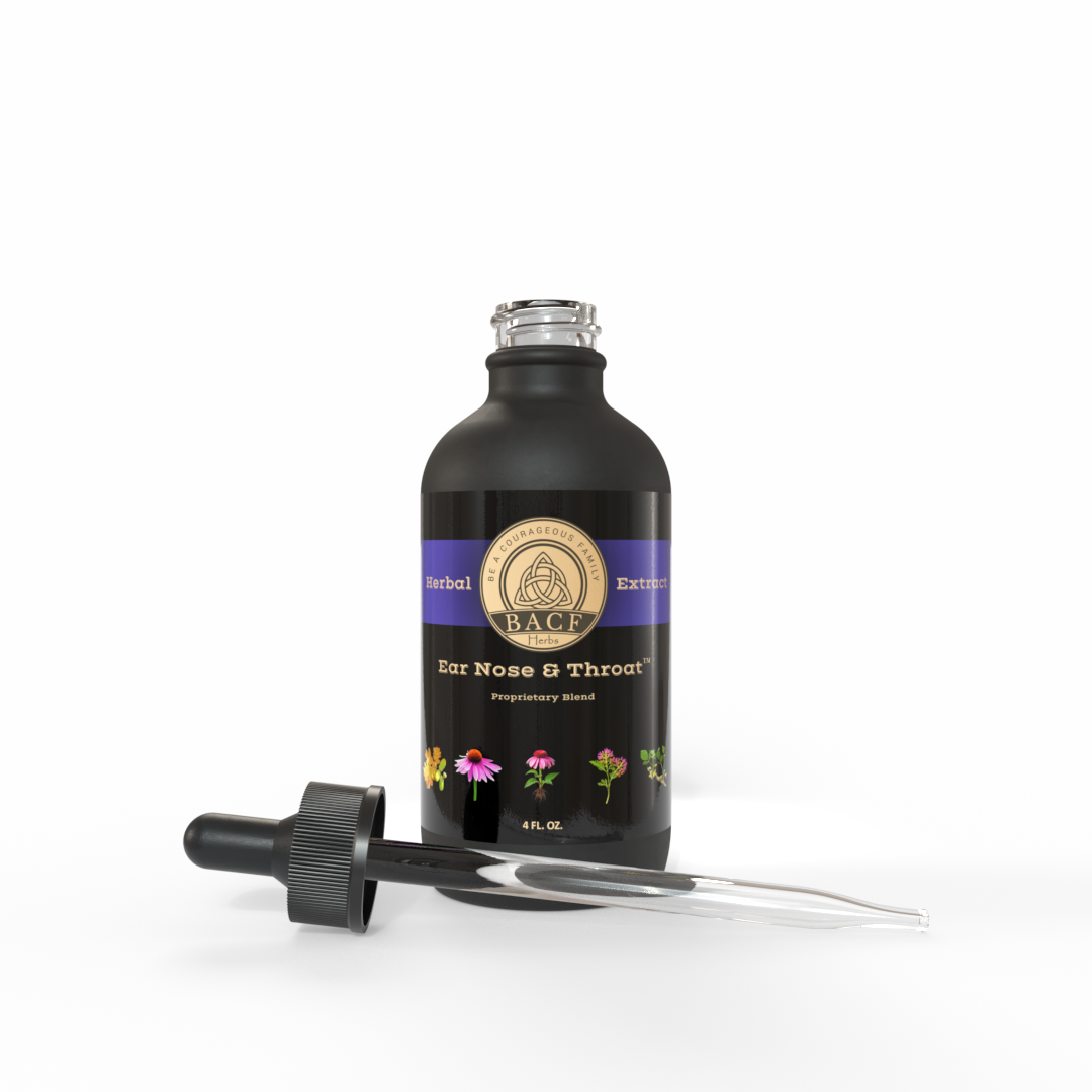 Black dropper bottle of Ear Nose & Throat Tincture with a beautiful Purple-Gold and colorful label on a white background - Made in the USA by Be A Courageous Family
