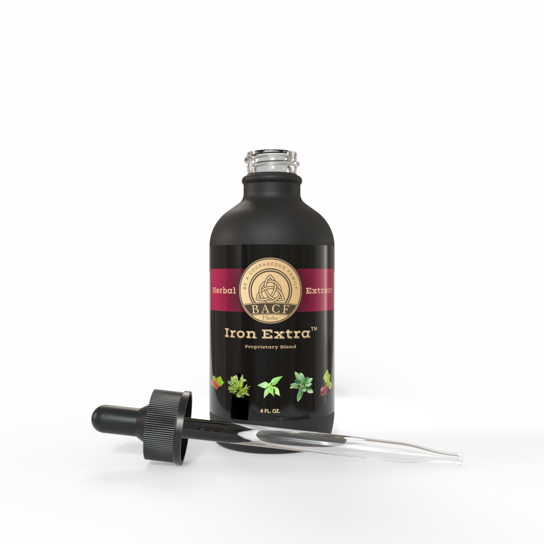 Black bottle of Iron Extra™ tincture with a beautifully deep red label on a white background. Made in the USA by Be A Courageous Family