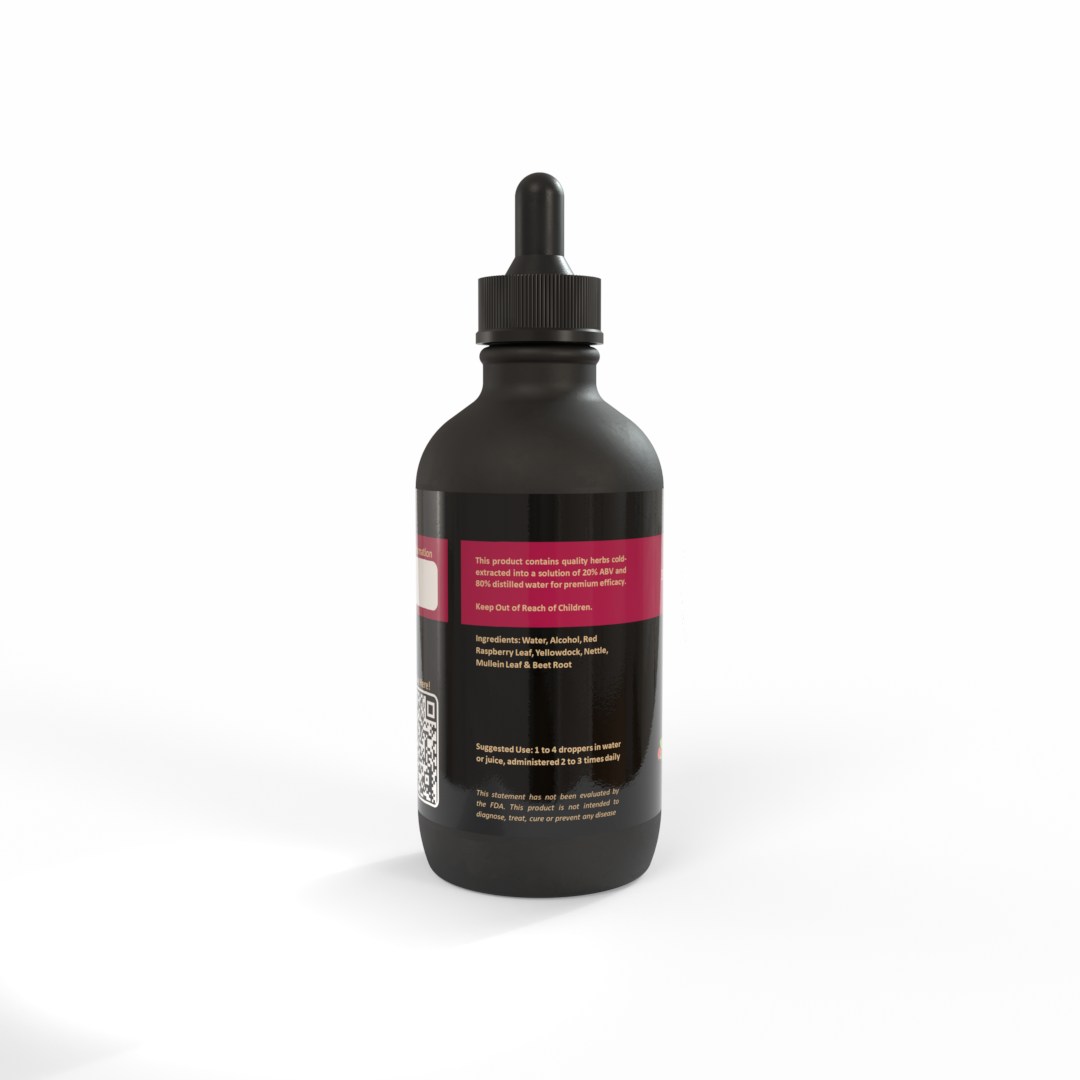 Black bottle of Iron Extra™ tincture with a beautifully deep red label on a white background. Made in the USA by Be A Courageous Family