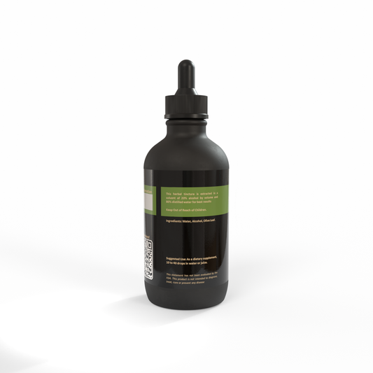 Black bottle of Olive Leaf Tincture made by Be A Courageous Family on a white background