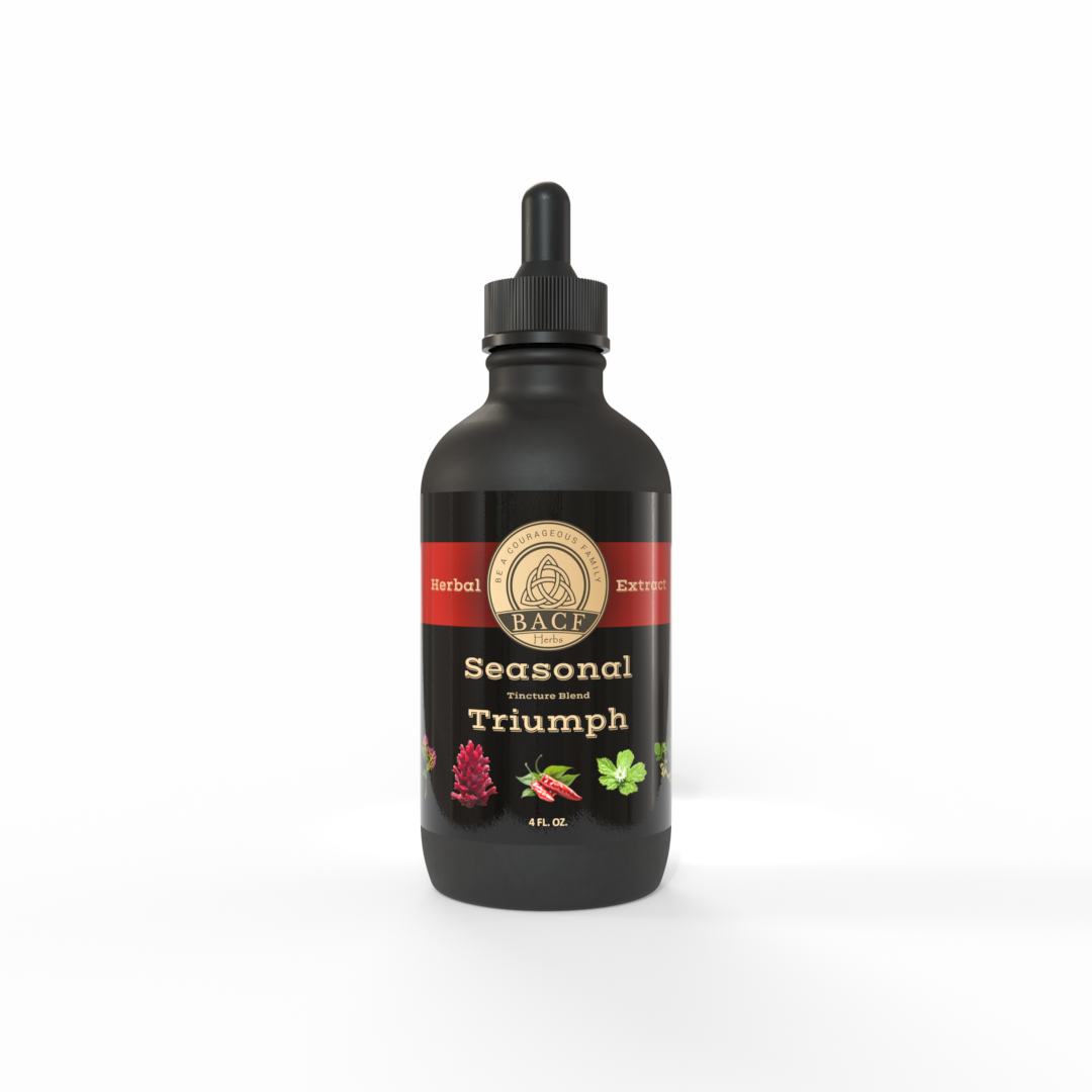 Black dropper bottle of Seasonal Triumph Tincture with a beautiful Red-Gold and colorful label on a white background - Made in the USA by Be A Courageous Family