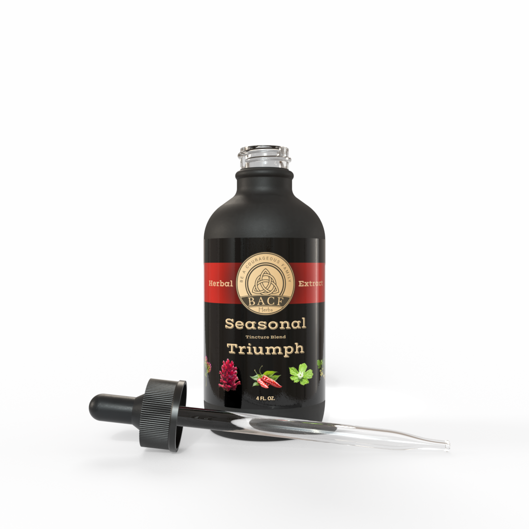 Black dropper bottle of Seasonal Triumph Tincture with a beautiful Red-Gold and colorful label on a white background - Made in the USA by Be A Courageous Family