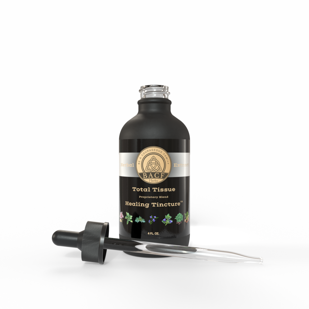 Black dropper bottle of Total Tissue Healing Tincture with a beautiful white-gold and colorful label on a white background - Made in the USA by Be A Courageous Family