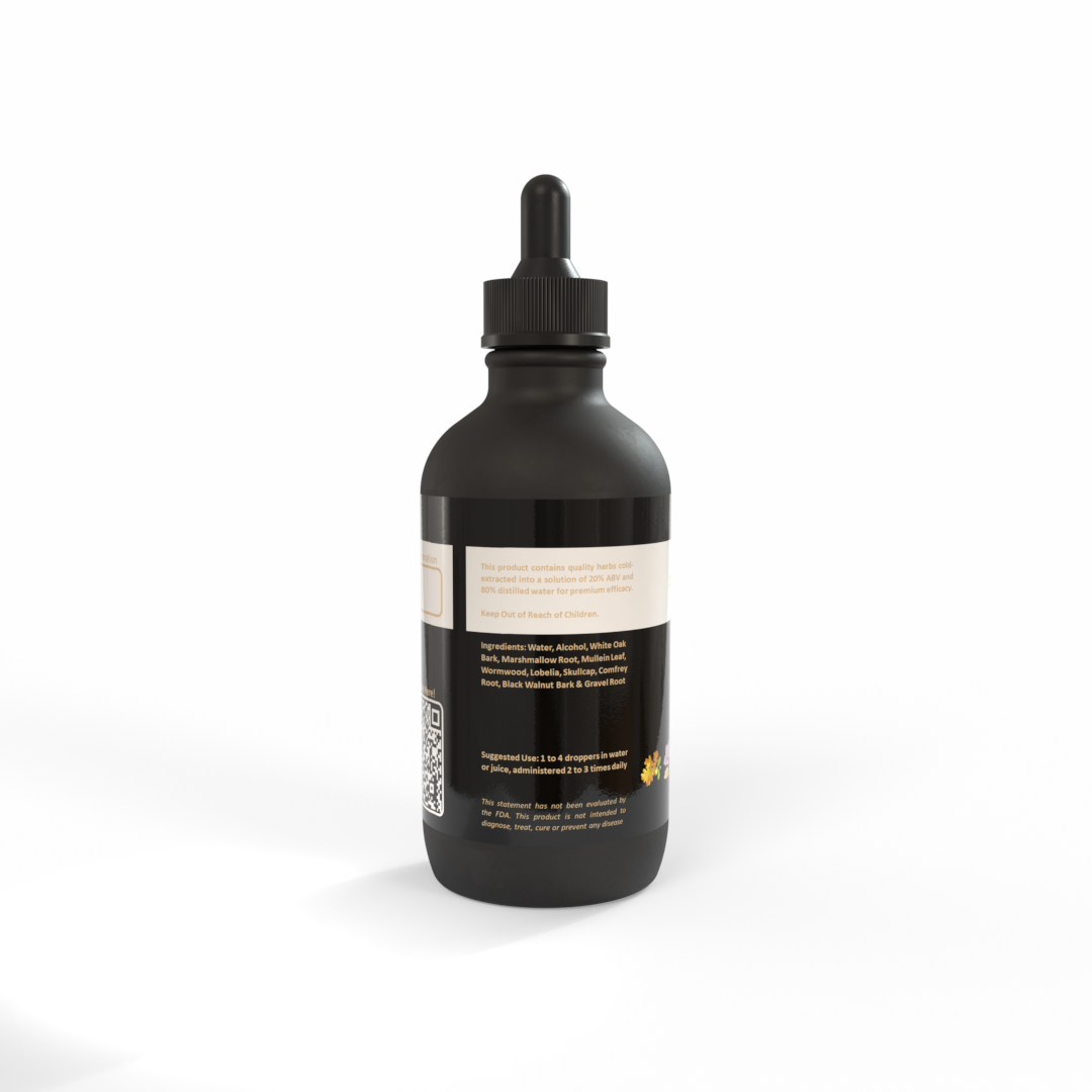 Black dropper bottle of Total Tissue Healing Tincture with a beautiful white-gold and colorful label on a white background - Made in the USA by Be A Courageous Family