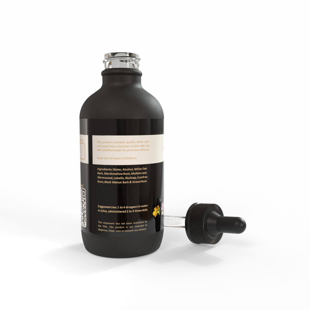 Black dropper bottle of Total Tissue Healing Tincture with a beautiful white-gold and colorful label on a white background - Made in the USA by Be A Courageous Family