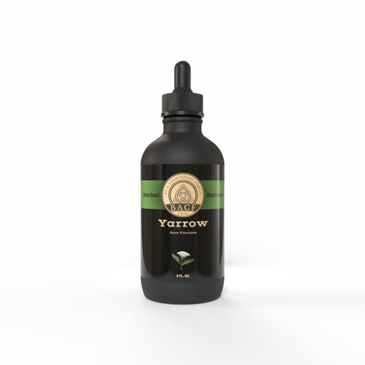 Black bottle of Yarrow tincture by Be A Courageous Family on a white background