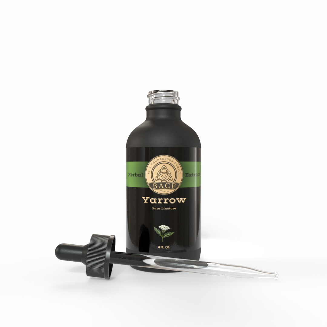 Black bottle of Yarrow tincture by Be A Courageous Family on a white background