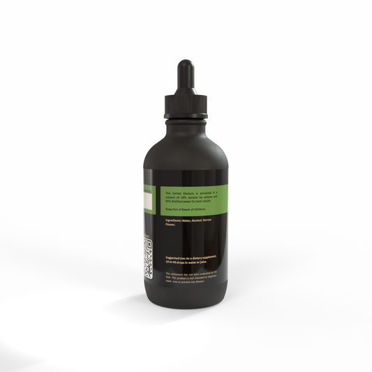 Black bottle of Yarrow tincture by Be A Courageous Family on a white background