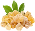 Frankincense resin crystals with frankincense tree leaves on transparent background