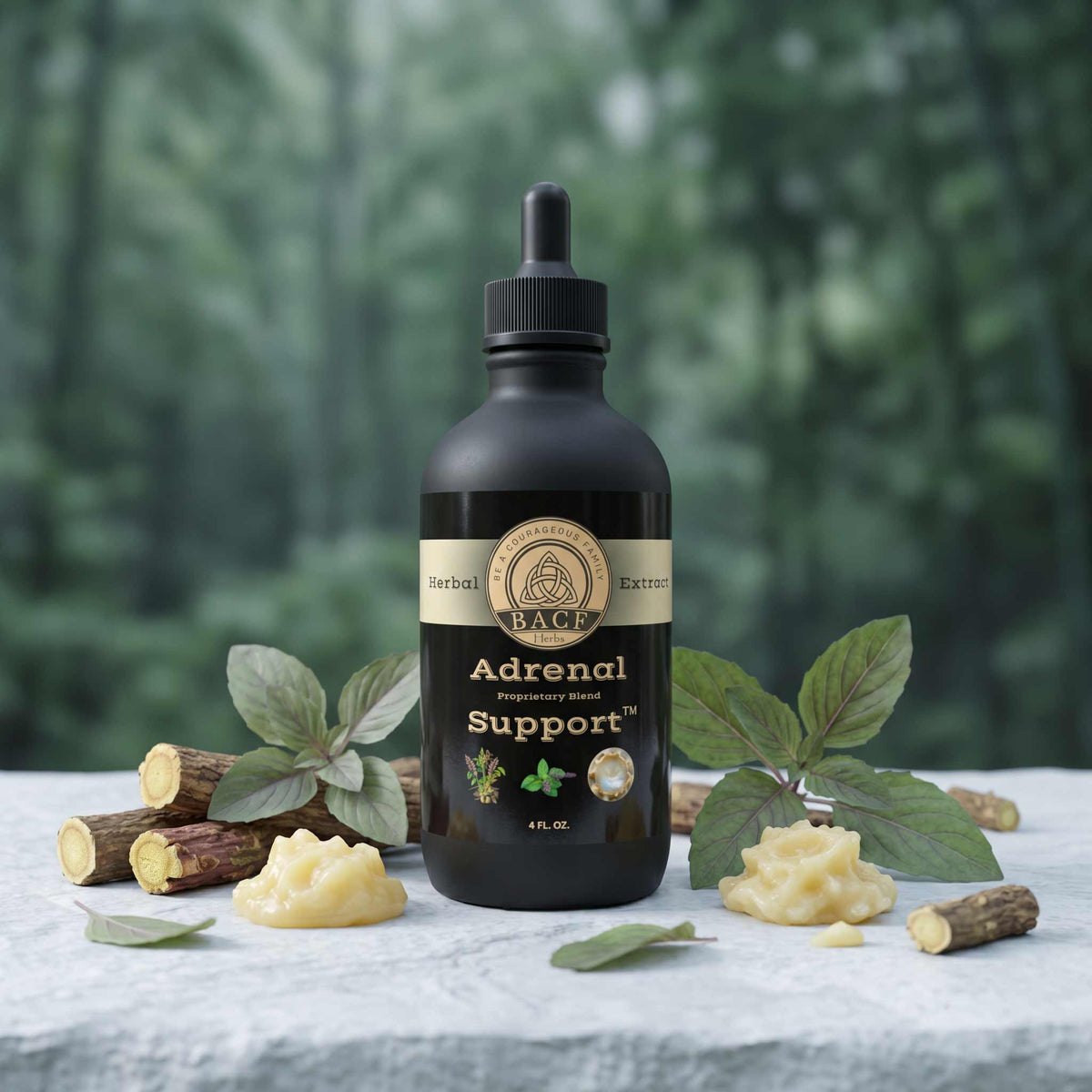 Bottle of Adrenal Support supplement with natural ingredients on a stone table with a cool forest background