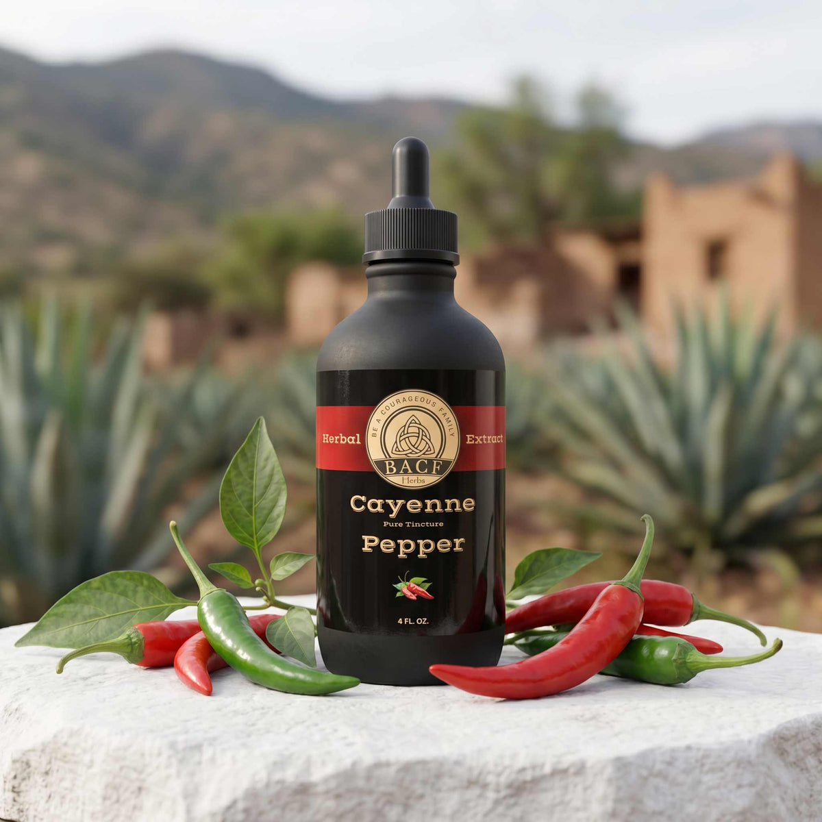 A black 4 ounce bottle of Cayenne Pepper tincture sits on a white stone surface surrounded by red and green peppers, with a blurred outdoor background of agave plants and adobe-style buildings.